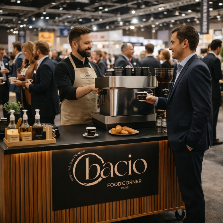 Comptoir café mobile Bacio Caffè pour événements d'entreprise et salons professionnels.